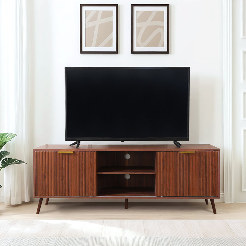  Meuble télé 63 po Mid Century, console de télévision moderne pour téléviseur de 70 po ou moins, centre de divertissement avec rangement, console de télévision et média
