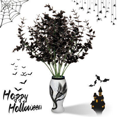 Lot de 5 tiges d'eucalyptus noir artificiel pour l'Halloween, branches de verdure foncée artificielles pour arrangement floral gothique