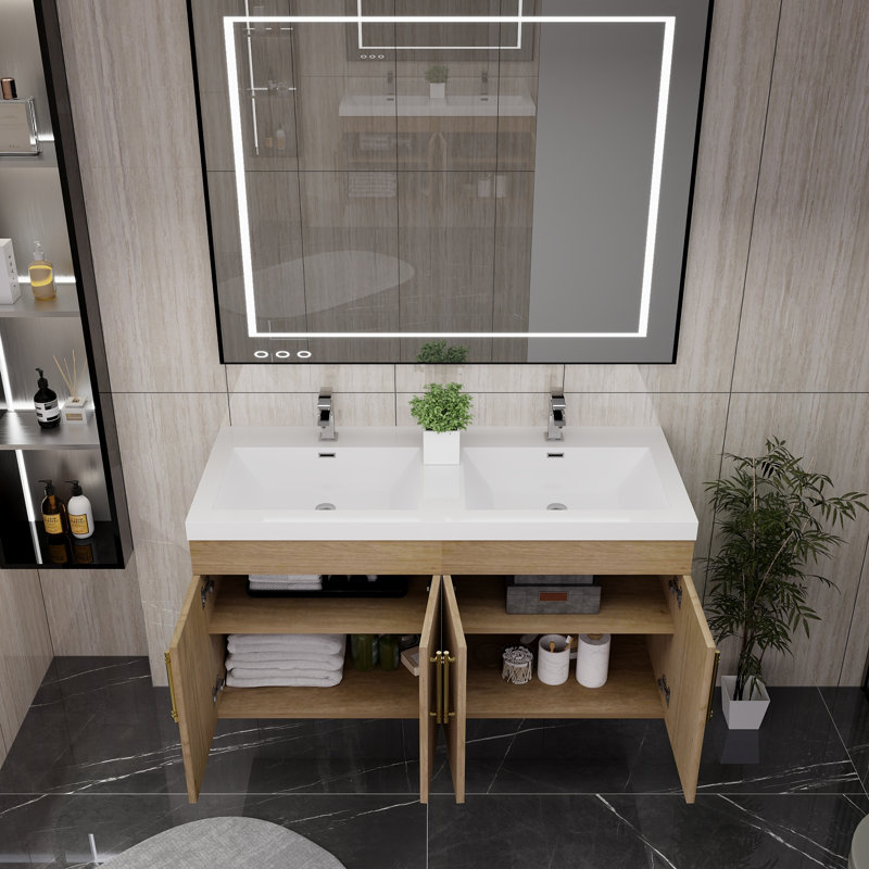 Meuble-lavabo double autoportant 48 po avec plateau en acrylique 48 po, Chêne blanc
