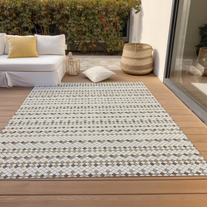 Red and Ivory Stripe Synthetic 10' x 14' Washable Rug