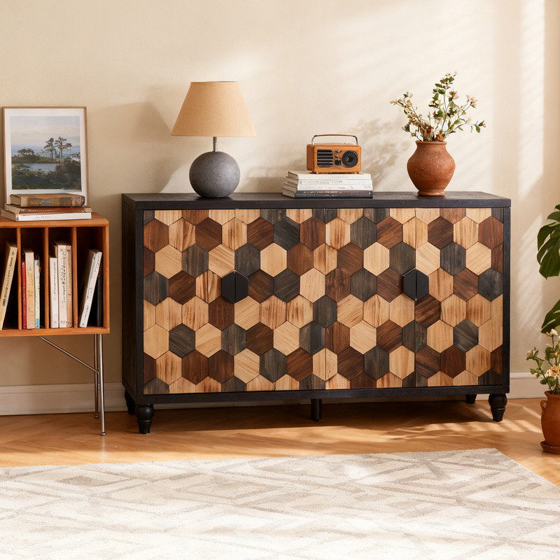 Honeycomb Pattern Storage Cabinet With Distressed Finish, Modern Accent Sideboard Buffet With Solid Wood Doors
