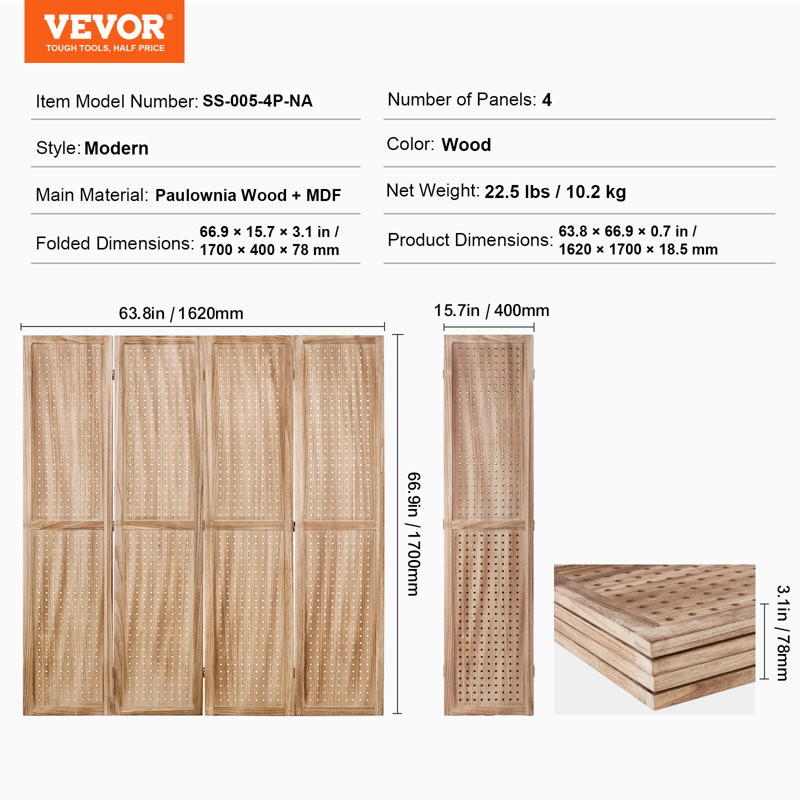 170cm W 4 - Panel Folding Room Divider, Wood
