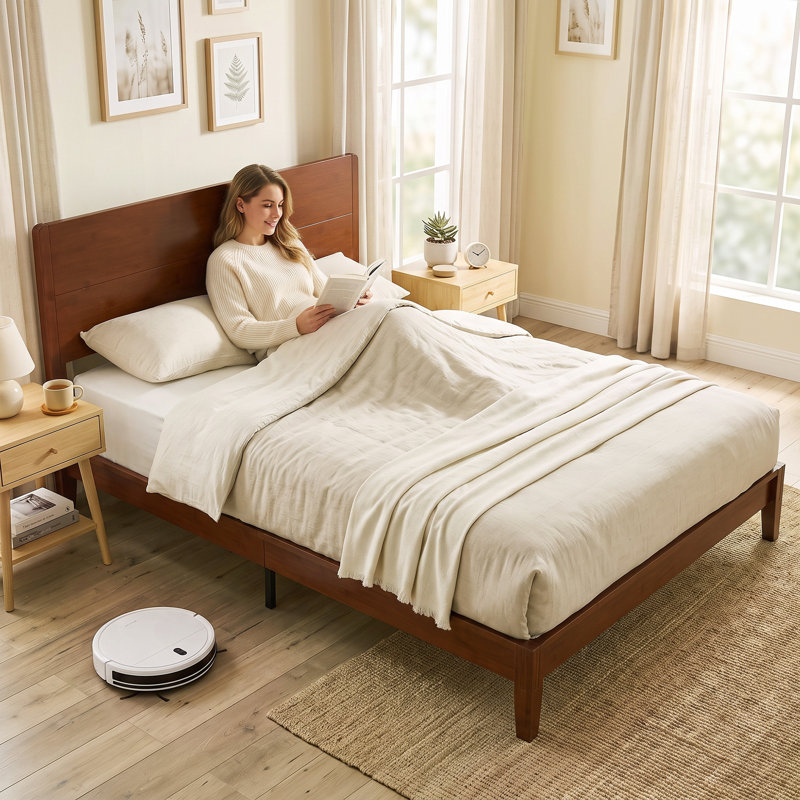 Base de lit plateforme grand en bambou avec tête de lit haute, base de lit avec 12 lattes en peuplier, aucun sommier requis, assemblage facile, brun