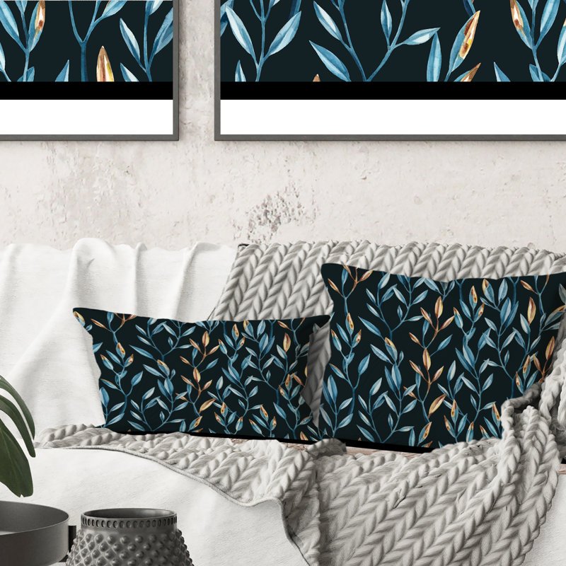 Branches bleues et dorées sur fond noir - Imprimé à motifs, 16 po x 16 po