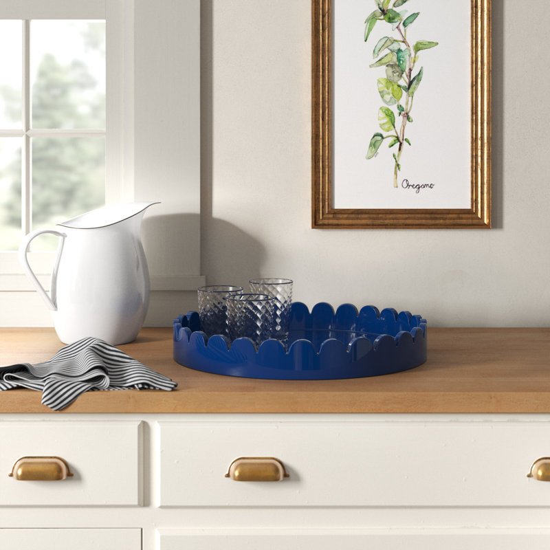 Effa Hand-Crafted Round Scalloped Wood Tray, Blue