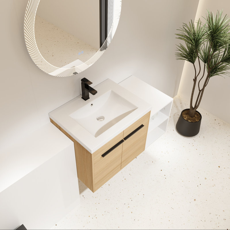 Meuble-lavabo mural avec lavabo à poser en résine et tablette ouverte, 24"