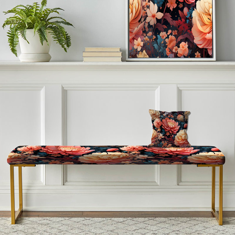 Upholstered Gold Bench, Peach Farmhouse Flowers Serenity