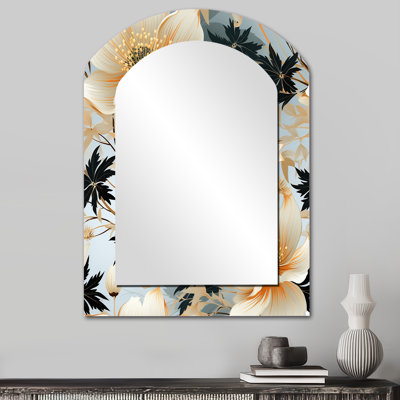 Delicate Magnolia Dreams - grand miroir mural à arche florale, miroir décoratif asymétrique blanc, impression d'art en métal