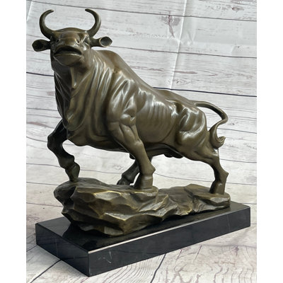 Kaleshia Upward Facing Bull Bronze Sculpture Statue Marble Base Original Art 12 Inches X 16 Inches