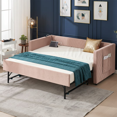   84" Wide Upholstered Daybed with Twin Trundle - V-Grained Velvet Sofa Bed with USB Charging and Storage Pockets