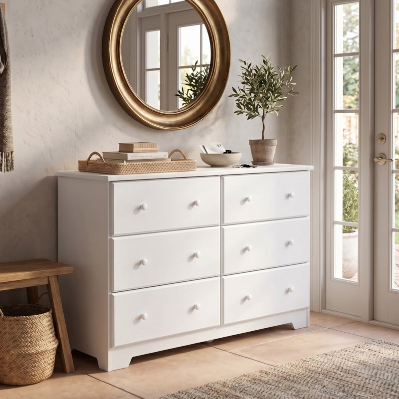 Isabela 6 Drawer Solid Wood Double Dresser, White