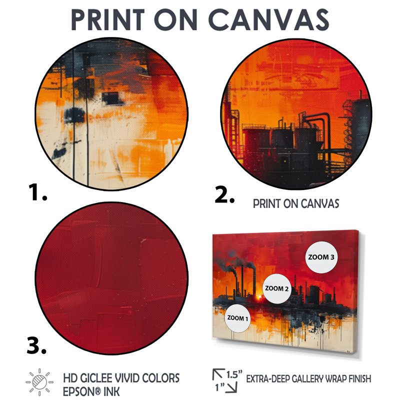 Jaune, rouge, production, Power Factories I - Art mural, Toile avec cadre flottant brun, H 28 po x l 60 po x P 1,5 po