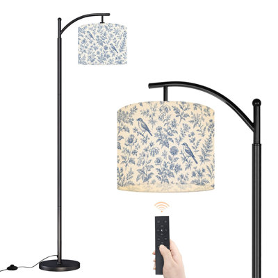  Arc Floor Lamp Vintage Blue White Floral Tall Modern Standing Lamp LED Adjustable Linen Lampshade 3 Color Temperatures