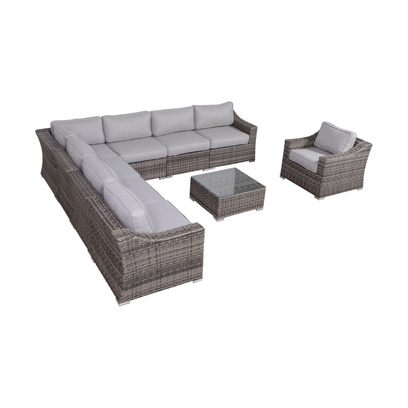 Ensemble de conversation pour 7 personnes avec coussins Biles Wicker, Mélange de gris