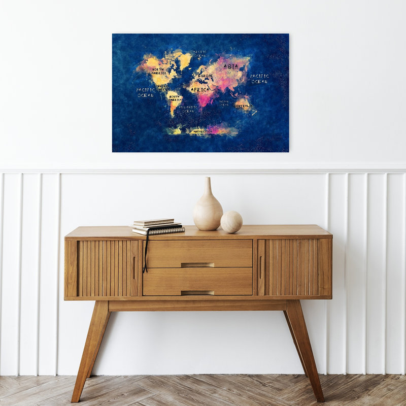 Carte du monde, art mural contemporain, H 16 po x l 24 po, Blue/Pink/Yellow