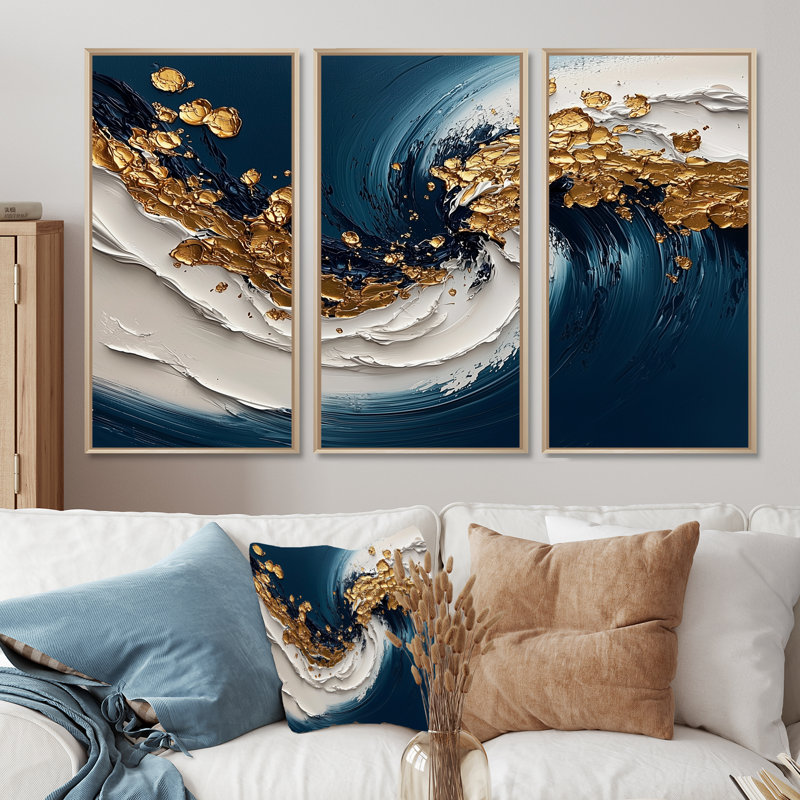 Ensemble de salon art mural blanc, bleu et or Maelstrom Of Creativité II, Toile naturelle avec cadre flottant