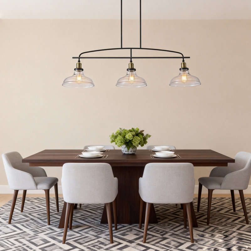 Lustre suspendu industriel à 3 lumières avec abat-jour en verre transparent, cadre en métal noir, hauteur réglable, éclairage campagnard moderne