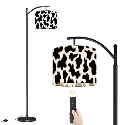 Lampe sur pied à arc avec abat-jour réglable peau de vache noir et blanc Lampe sur pied 3 températures de couleur à intensité variable avec interrupteur au pied pour chambre à coucher