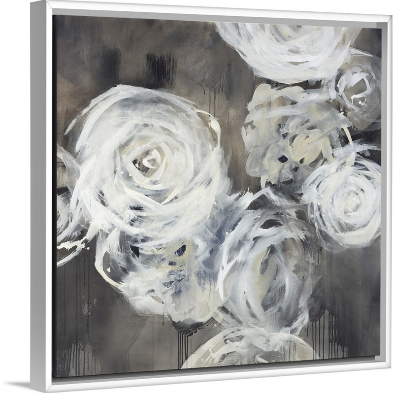 « neuf roses », peinture sur toile, Cadre flottant blanc, H 13,7 po x l 13,7 po x p 1,75 po