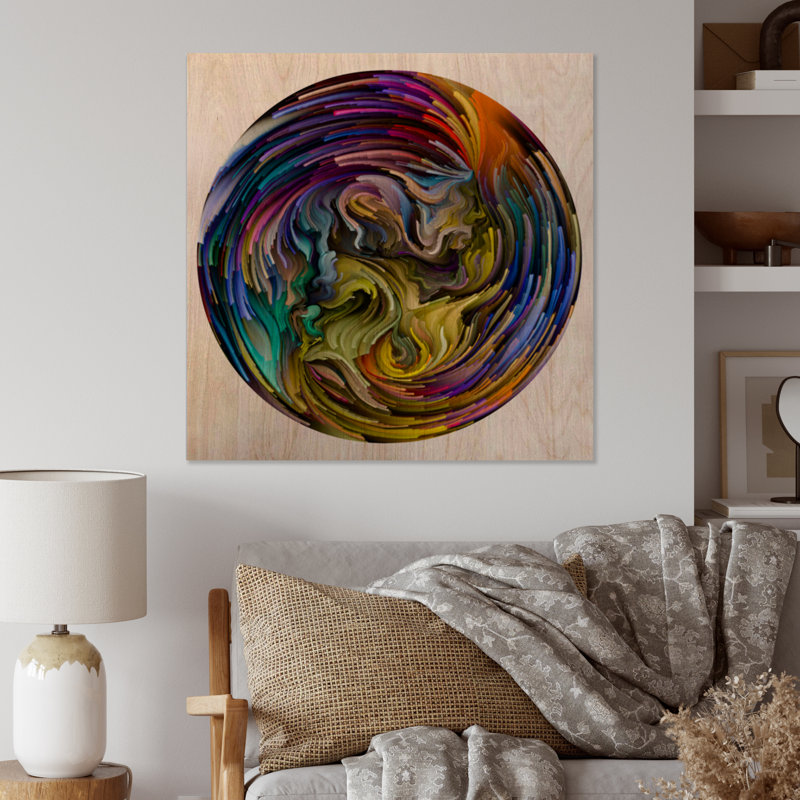 Cercle coloré liquide III - impression d'art moderne sur bois, Cadre photo noir, H 16 po x l 16 po x P 1 po