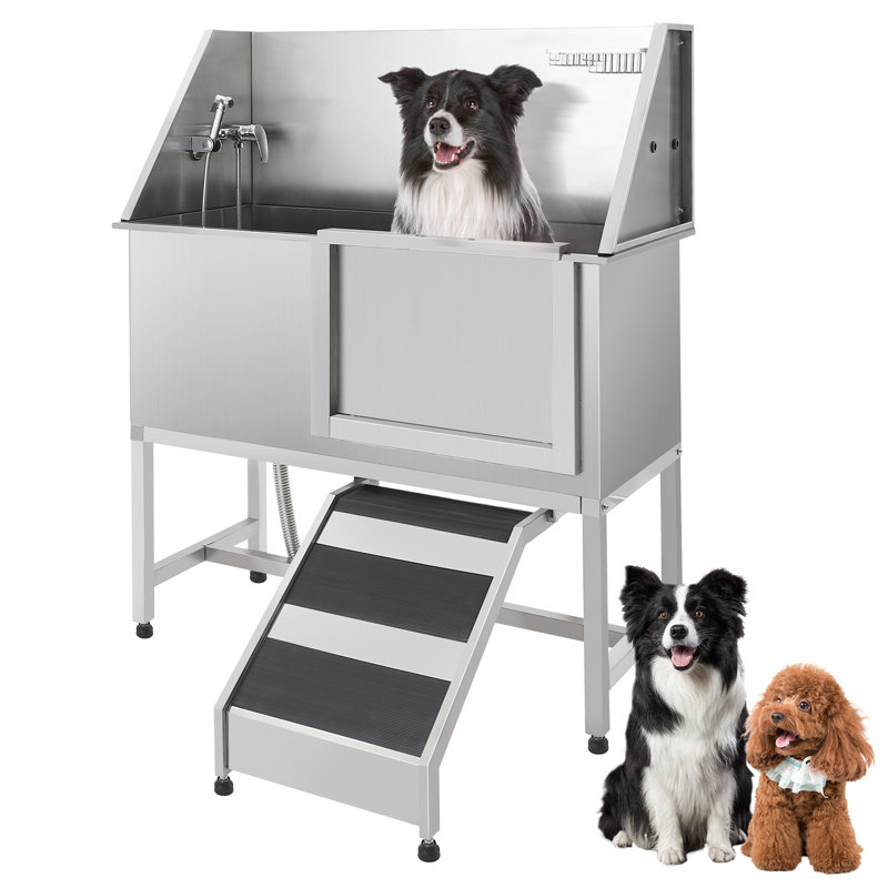 Professional Stainless Steel Dog Grooming Tub with Stairs & Sliding Door – Includes Faucet, Soap Box, Bath Brush – Ideal for Large, Medium & Small Dogs – Silver