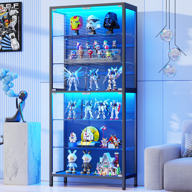 6-Tier Display Cabinet with Glass Doors, Metal Curio Cabinet with 3 Color Lights, Black