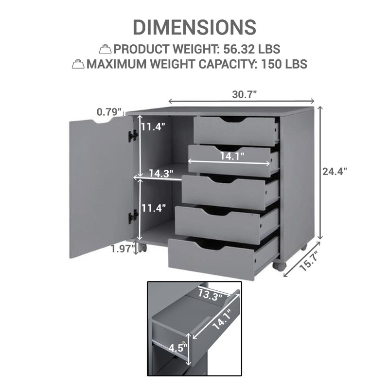 Gray Medium Wood 5-Drawer Mobile Lateral File Cabinet