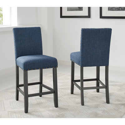 Blue Fabric Counter Height Stools with Nailhead Trim, Set of 2