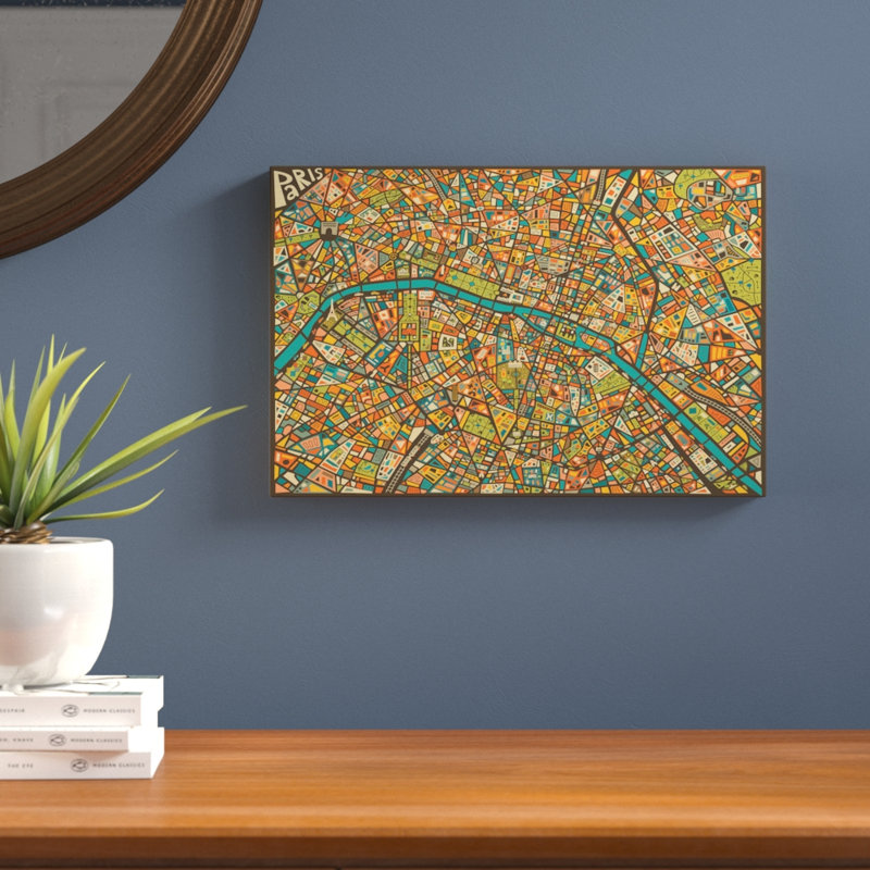 «Paris Street Map», impression sur toile tendue, H 18 po x l 26 po x P 1,5 po, Toile avec cadre noir, Pas de tapis