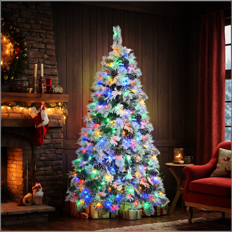 Arbre de Noël enneigé épinette 4 pi avec cônes de pin, sapin de Noël artificiel avec 170 pointes de branches, branches mixtes en PE et PVC, 120 lumières DEL multicolores, 11 modes de clignotants, décorations des Fêtes