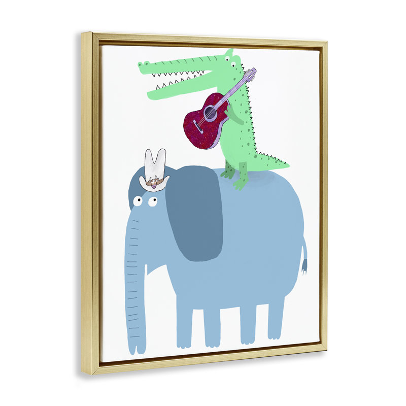 Éléphant et alligator avec guitare acoustique encadrée, art mural par Carla Daly, H 31 po x l 25 po