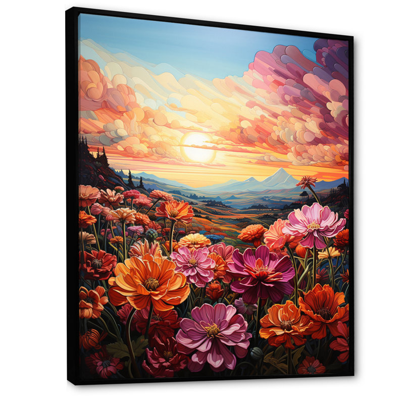 Zinnia Flower Zenith II, reproduction d'art sur toile, 32" H x 16" W, Cadre flottant noir