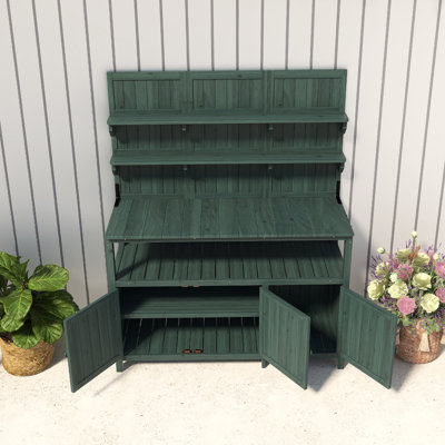 Potting Bench Table Solid Fir Wood Garden Workstation With 2 Cabinets, 3 Side Hooks