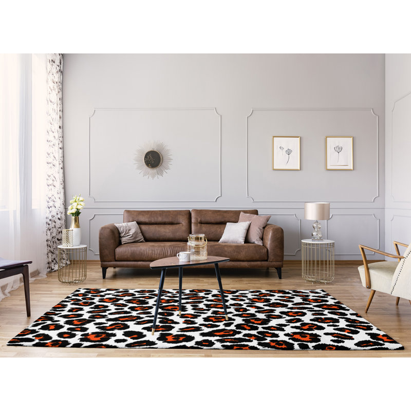 Tapis blanc / noir / orange à imprimé animal, Rectangle 9 pi x 12 pi