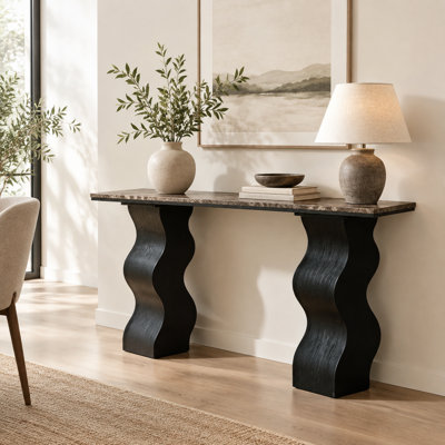 Console en marbre 47 po avec pieds en bois noir Wave, vestibule et canapé Mid-Century
