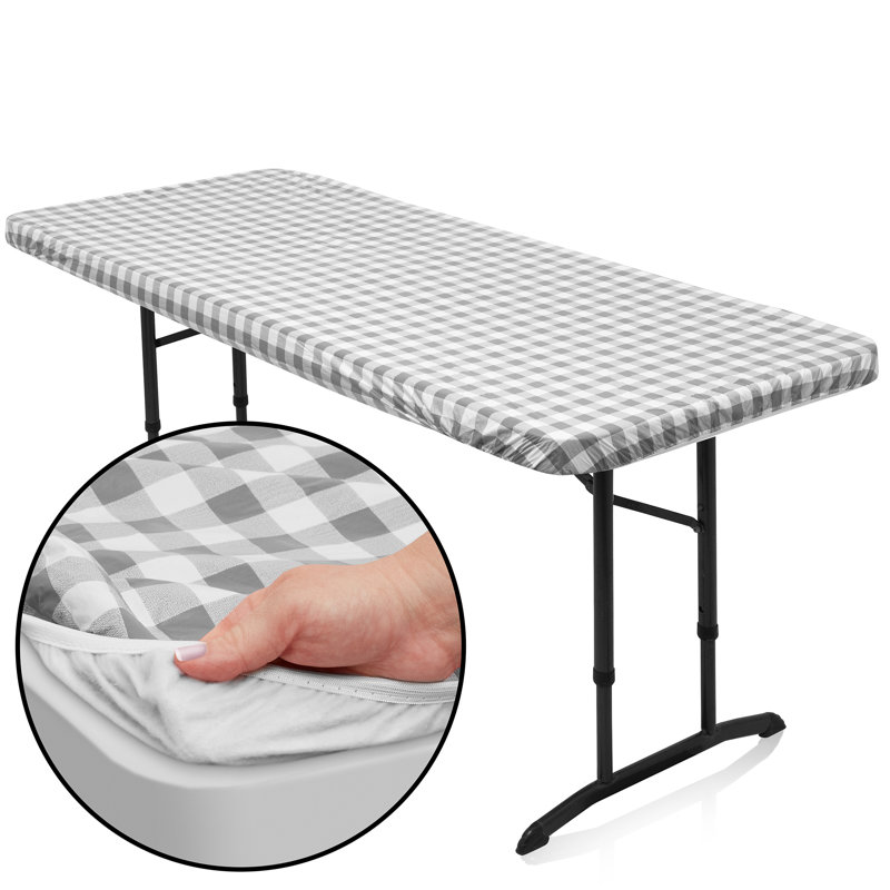 Gray and White Checkered 72'' x 30'' Fitted Vinyl Tablecloth with Flannel Backing
