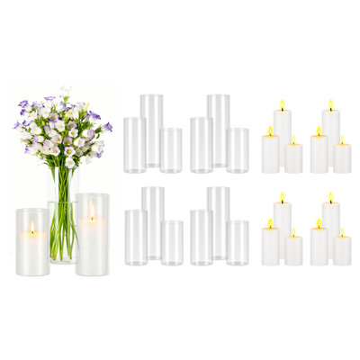 Ensemble de 24 bougies piliers et vases en verre, blanc (6,5 x 12 x 15 x 20 cm), photophores cylindriques transparents pour centres de table de mariage, vase haut pour décoration de table, mariage, Thanksgiving
