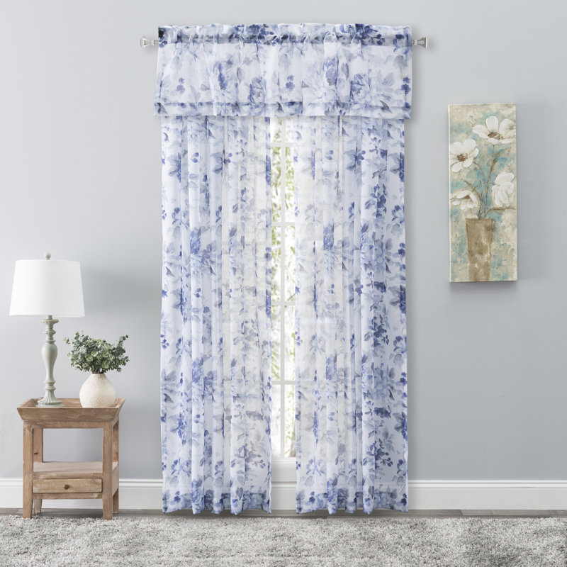 Whimsical Blue Floral Sheer Rod Pocket Polyester Window Panel