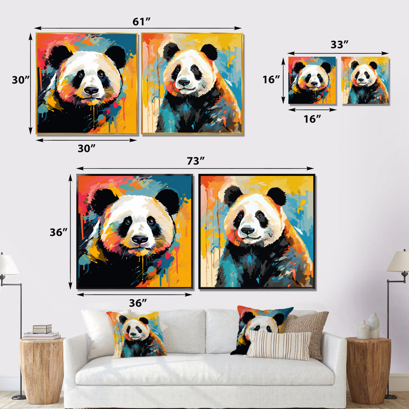 Pop Art Coloful Panda I - ensemble de 2 décorations murales Panda, Encadrement doré, H 16 po x l 33 po x P 1 po