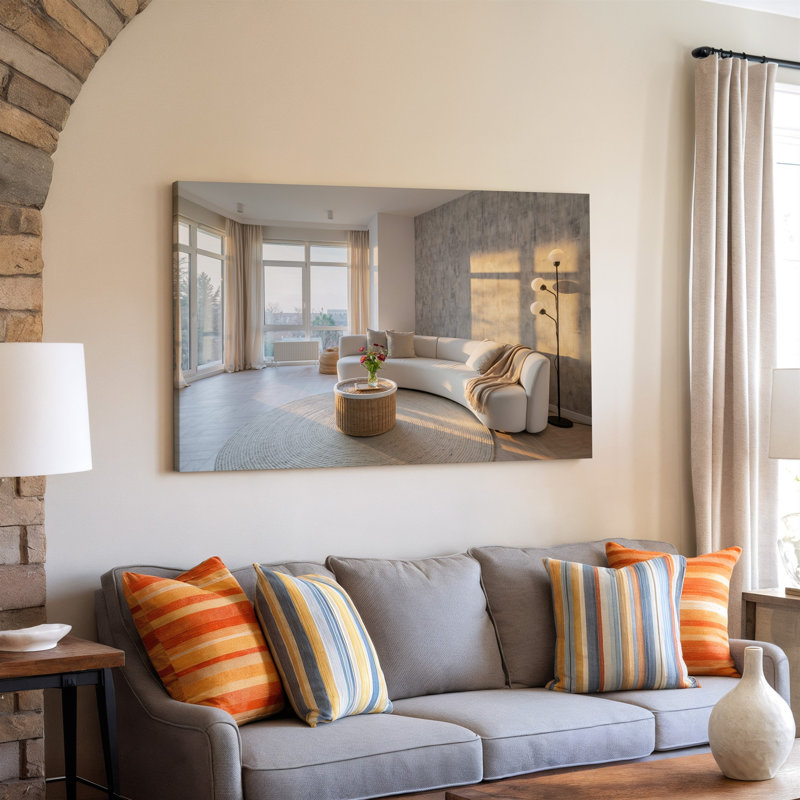 Toile, un salon scandinave moderne avec un élégant canapé mural blanc incurvé orné d'une jeté beige doux, H 9 po x l 12 po