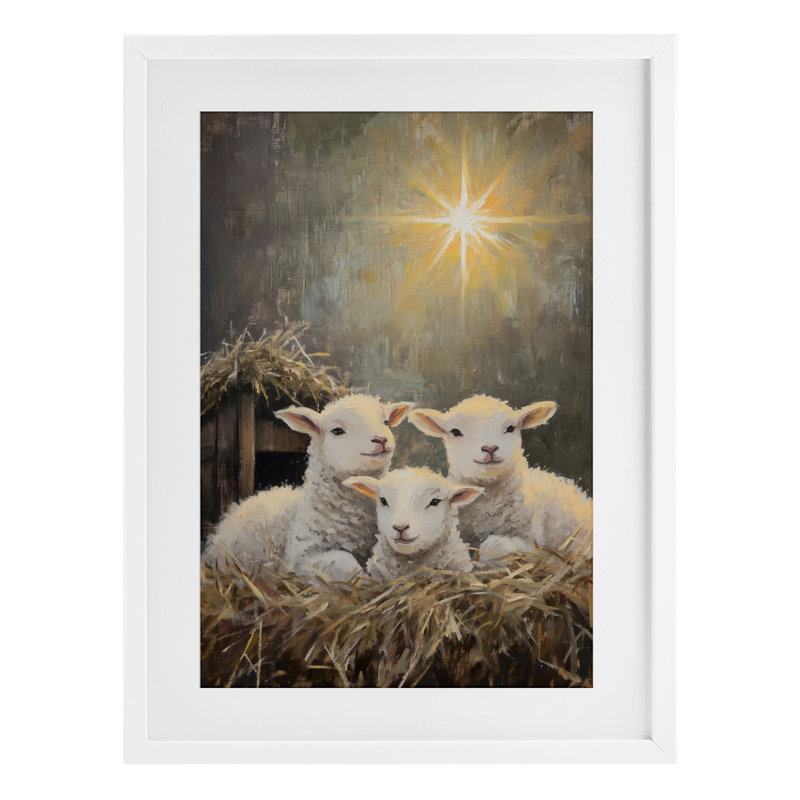 «Festive Lambs in Stable», reproduction encadrée sous verre, design par Petal Prints Design, H 20 po x l 14 po