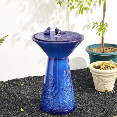 Two Birds Embossed Plant Pattern Pedestal Ceramic Fountain With Light