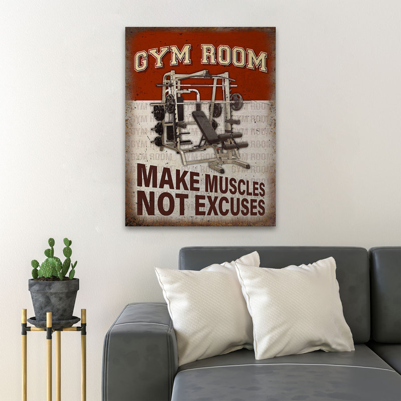 Machine in Gym Studio - Make Muscles Not Excuses - 1 pièce, impression d'art graphique rectangulaire sur toile tendue
