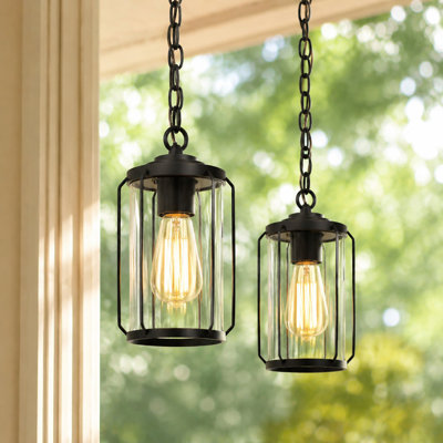 1-Light Outdoor Hanging Lanterns with Clear Glass Cylinder With Adjustable Height (Set of 2)
