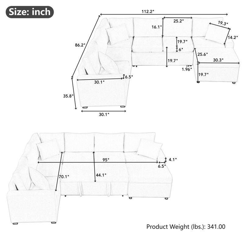 Canapé modulaire intelligent 112,2 "avec canapé-lit et rangement, Gris chenille