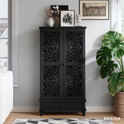 Rustic Tall Storage Cabinet With Drawer And Carved Wood Doors, Solid Wood Legs For Multi-Room Organization And Timeless Style.