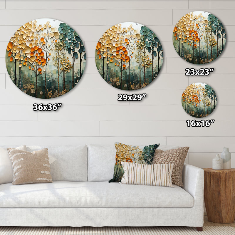Toile orange, arbres verts, patchwork I - paysages d'art rond en métal, 36" H x 36" W
