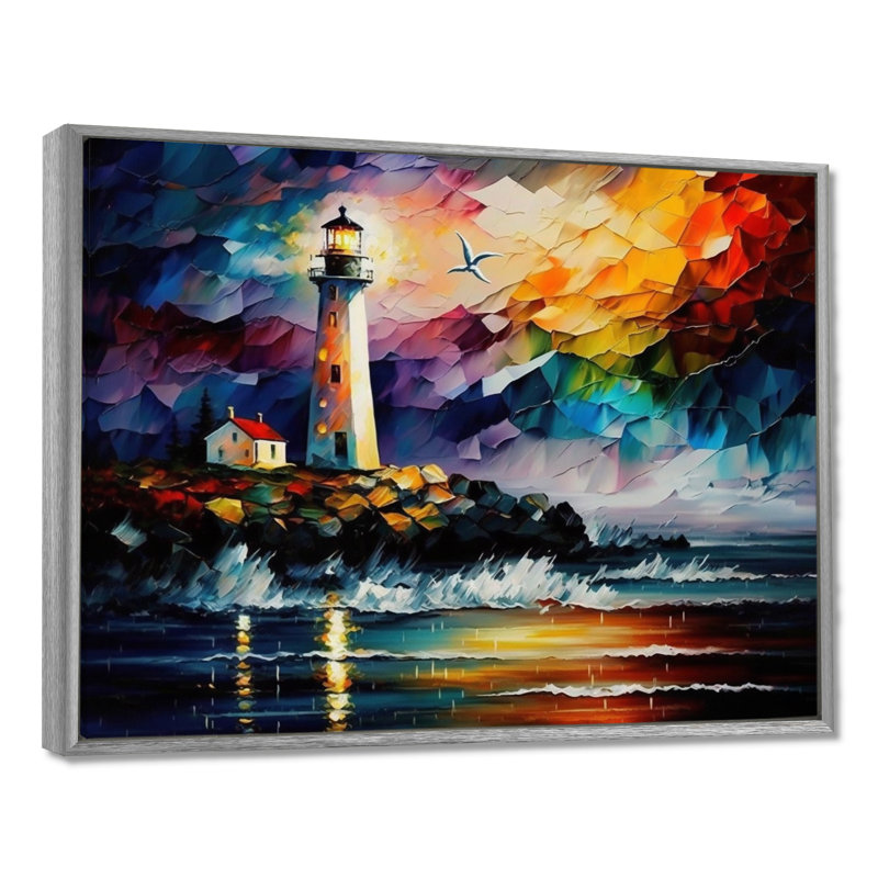 Phare par l'océan V - art mural Coastal Light House, H 12 po x l 20 po x P 1 po, Encadrement argenté