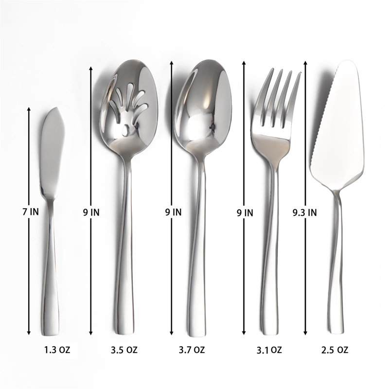 Grand ensemble de service d'hôtesse en acier inoxydable robuste avec cuillères de service, cuillères rainurées, fourchette, gâteau, argent