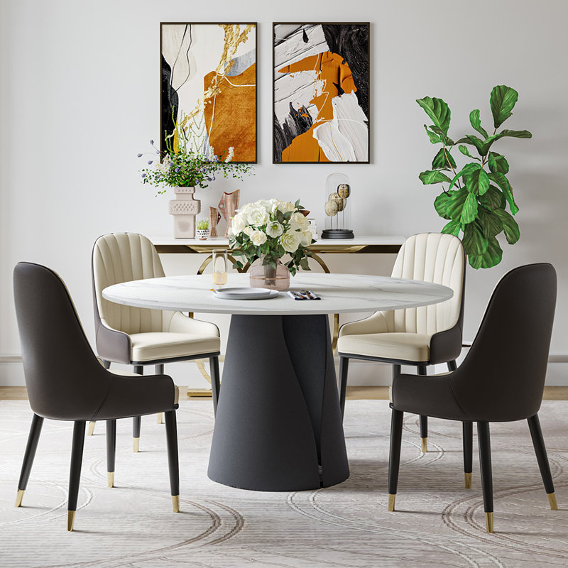 Modern 5/7PiecesDining Room Sets, Pre-Assembly Round Dining Table Sets, Sintered Stone Tabletop Kitchen Dining Table Set With PU Upholstered Chairs